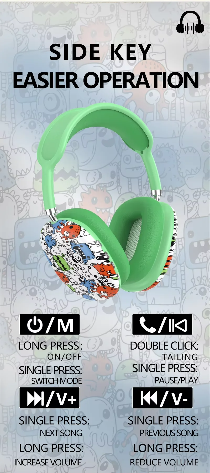 High-Quality Camouflage Wireless Headphones | Graffiti Style, Bluetooth 5.3, LED Battery Indicator, Gaming & Music Headset with Mic