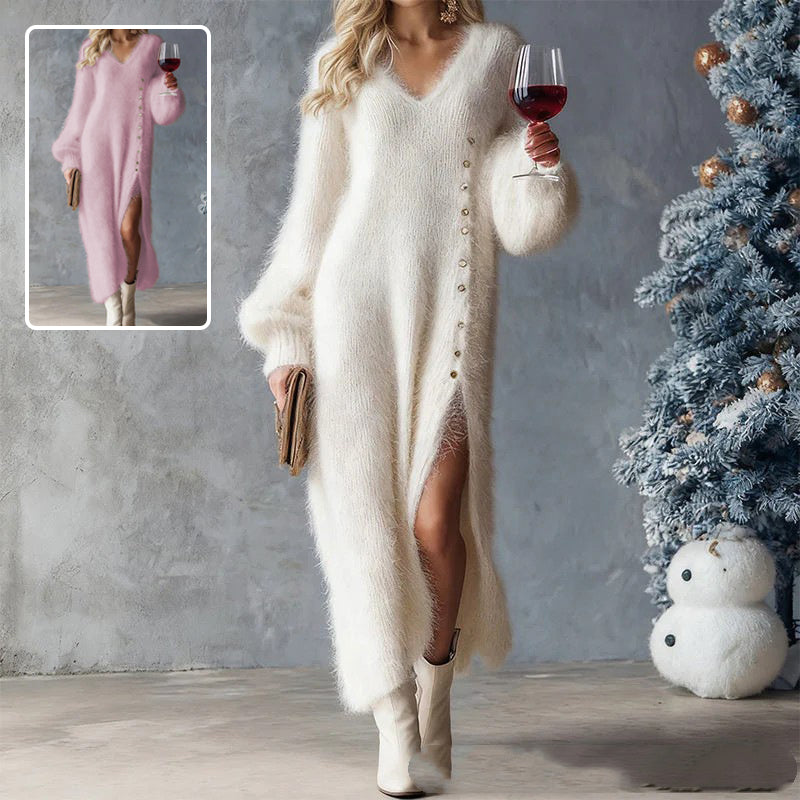 Chic Split Knitted V-Neck Fleece Maxi Dress – Winter Party & Clubwear