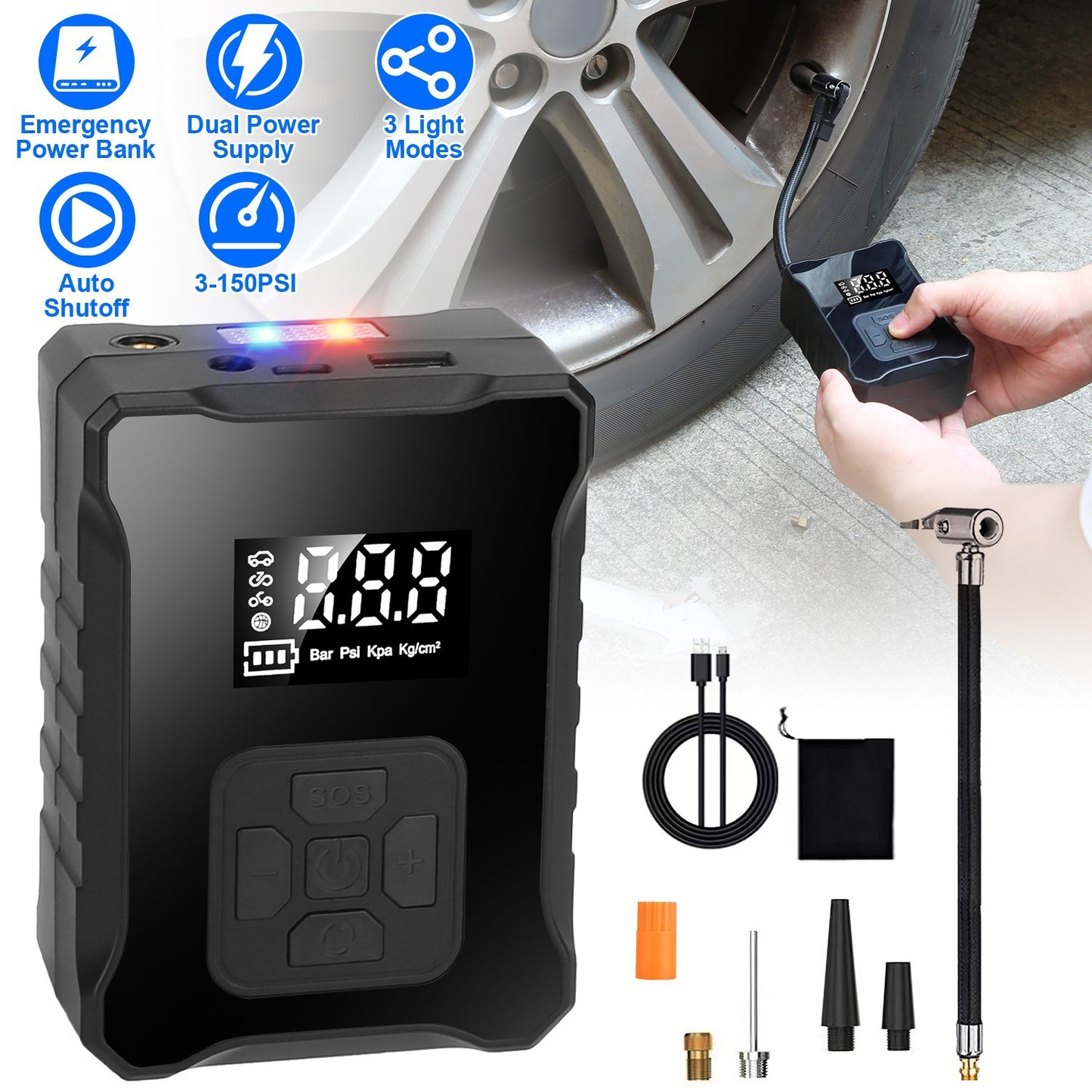 1Pc 150PSI Cordless Tire Inflator Digital Air Compressor With LED Light Emergency Power Bank For Cars Motorcycles Bicycles Balls
