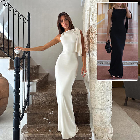 One-shoulder Ribbon Long Dress Ins Fashion Slim Sleeveless Dresses For Evening Party Club Clothing Women