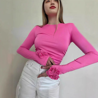 Three-dimensional Floral Long Sleeve Niche Round Neck Slim-fit Tops